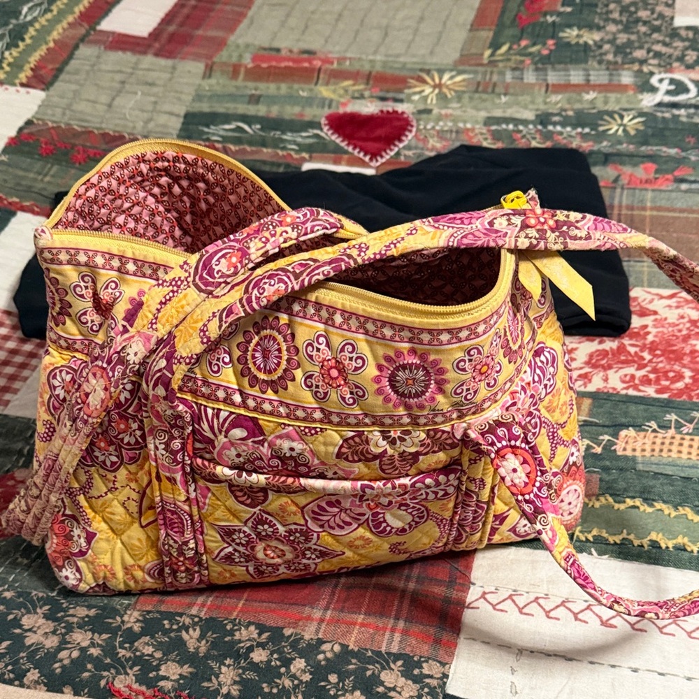 Vera Bradley Yellow and Pink Quilted Bag machine washable approx 9” x 14”